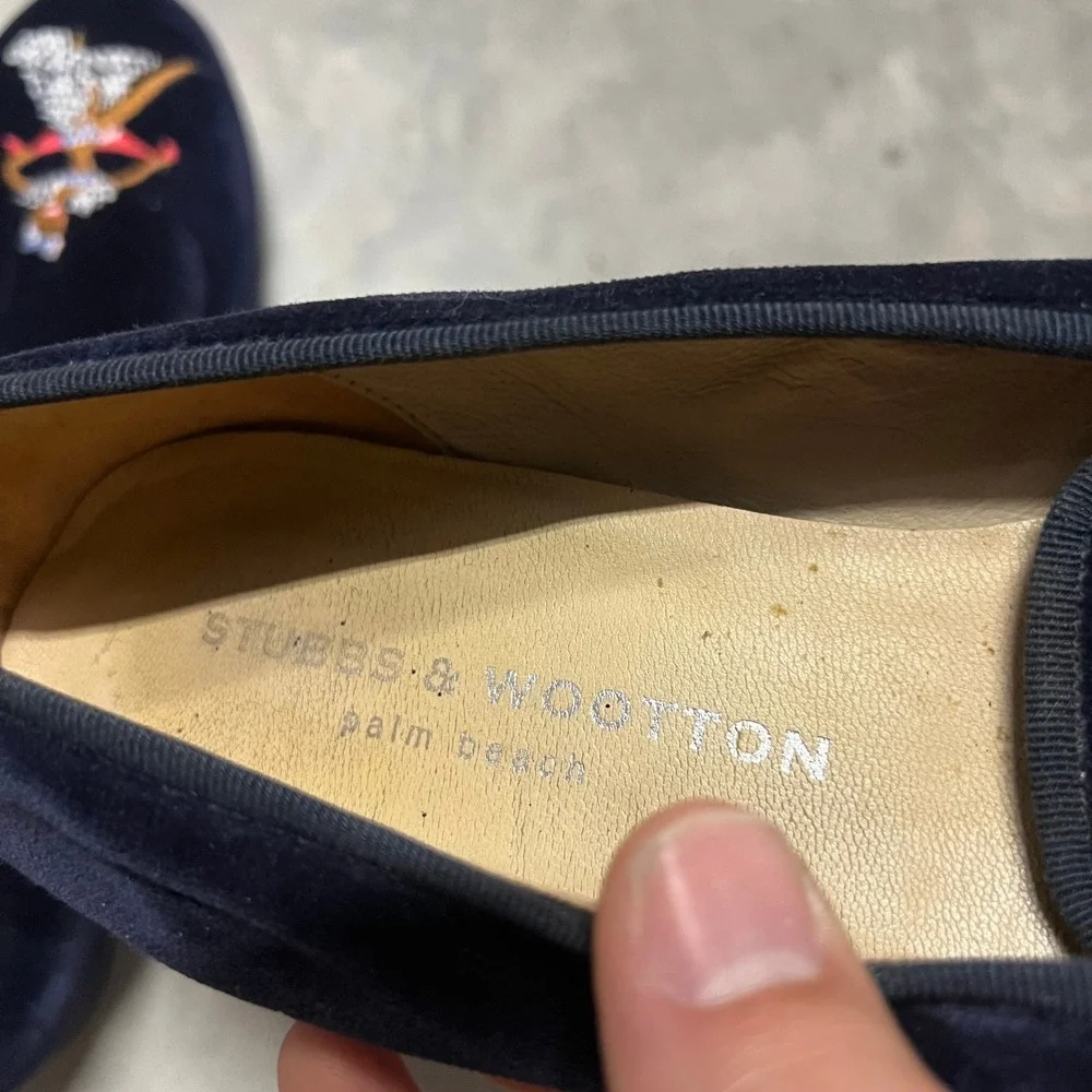 Stubbs & Wootton Navy Embroidered Dancer Couple Slippers Loafers Size 9 Spain